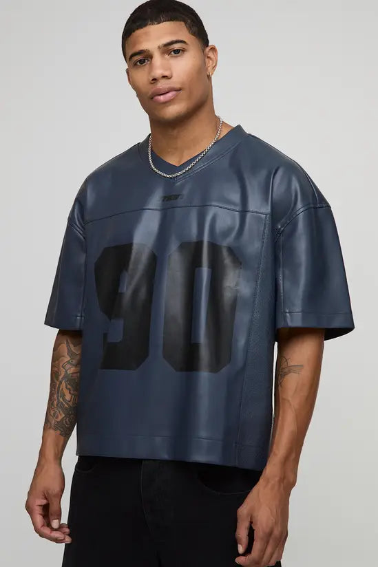 Oversized Boxy Faux Leather Varsity Hockey Top